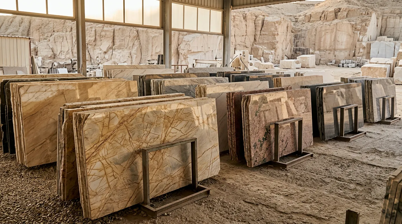 Luxury Egyptian marble and granite slabs displayed in a quarry or stone showroom, warm natural lighting highlighting color variations
