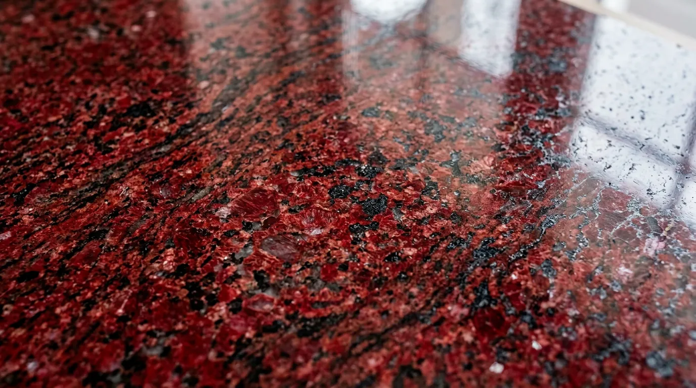Close-up of polished Aswan red granite surface with black accents and veining, showing rich crimson color and reflective polish