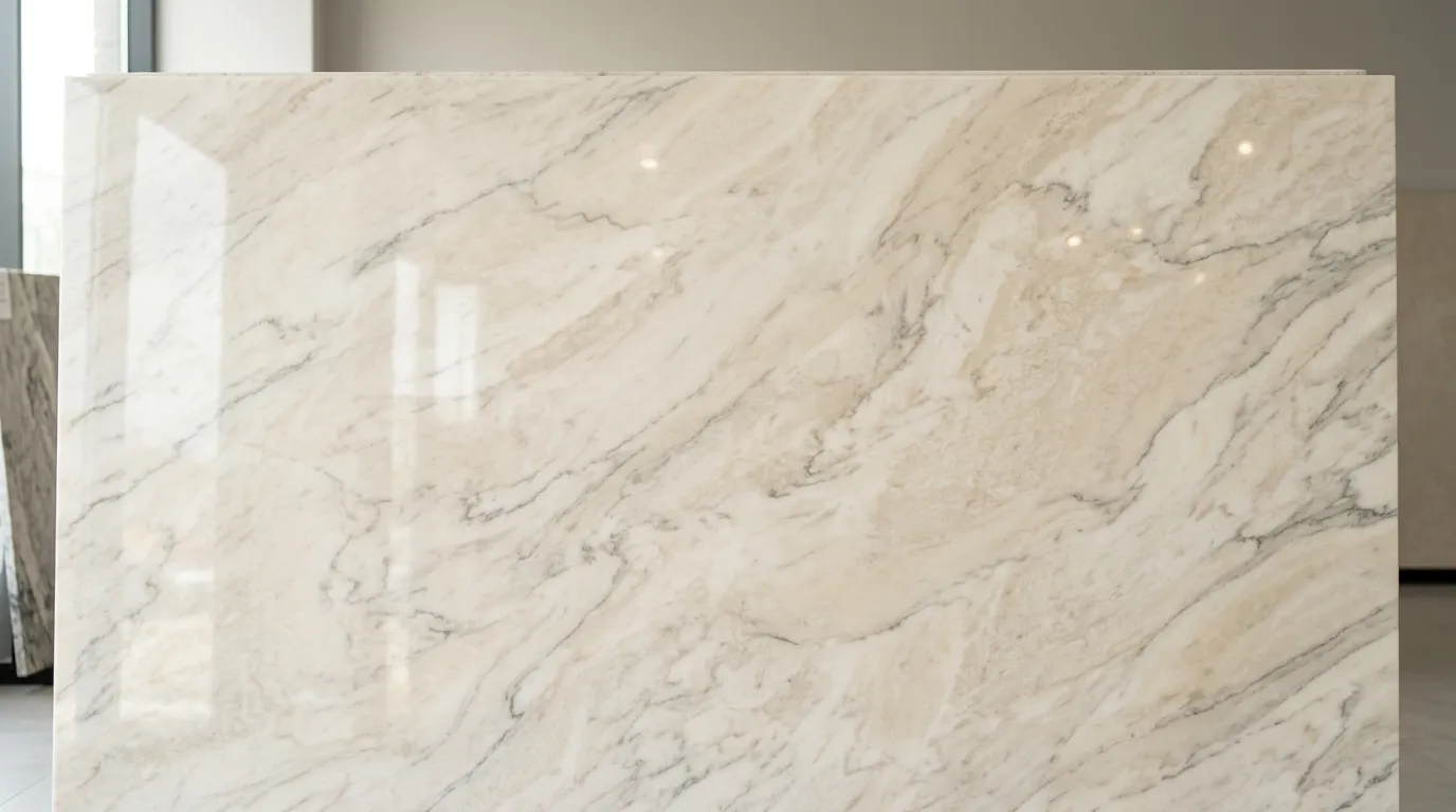 Creamy white and beige Egyptian marble with subtle grey veining, polished finish showing depth and texture