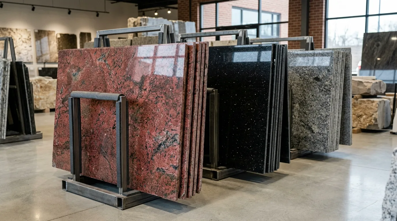 Egyptian Aswan red granite, black granite, and gray granite slabs with visible mineral patterns and finishes, stacked professionally in a showroom setting