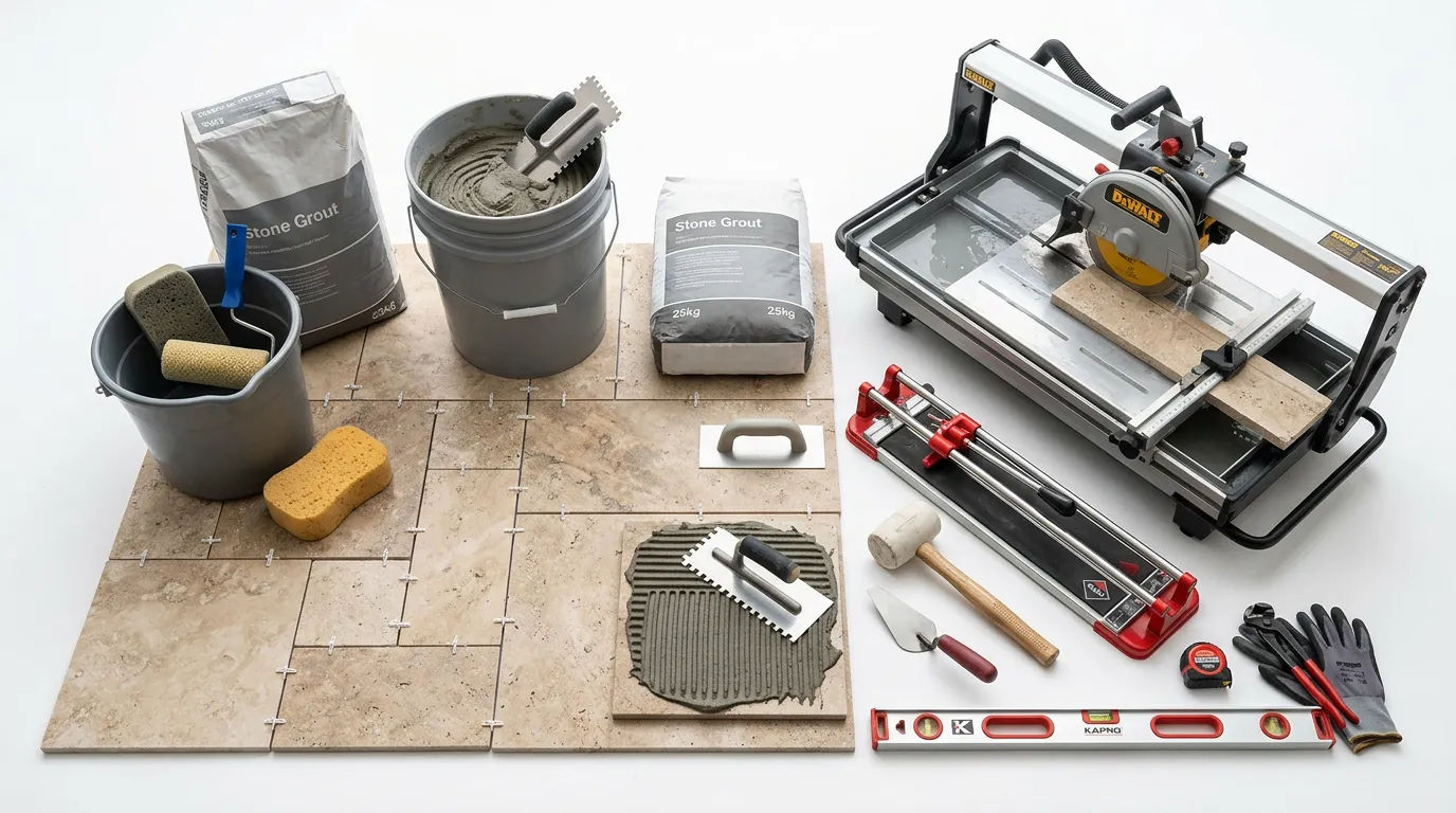 Stone installation tools and materials including thin-set mortar, spacers, grout, and professional cutting equipment on white background, ready for installation