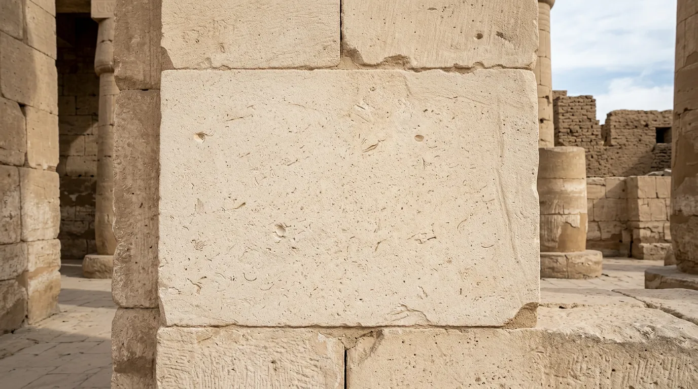 Pale cream Egyptian limestone ashlar block with fine grain texture and subtle fossil impressions, architectural setting