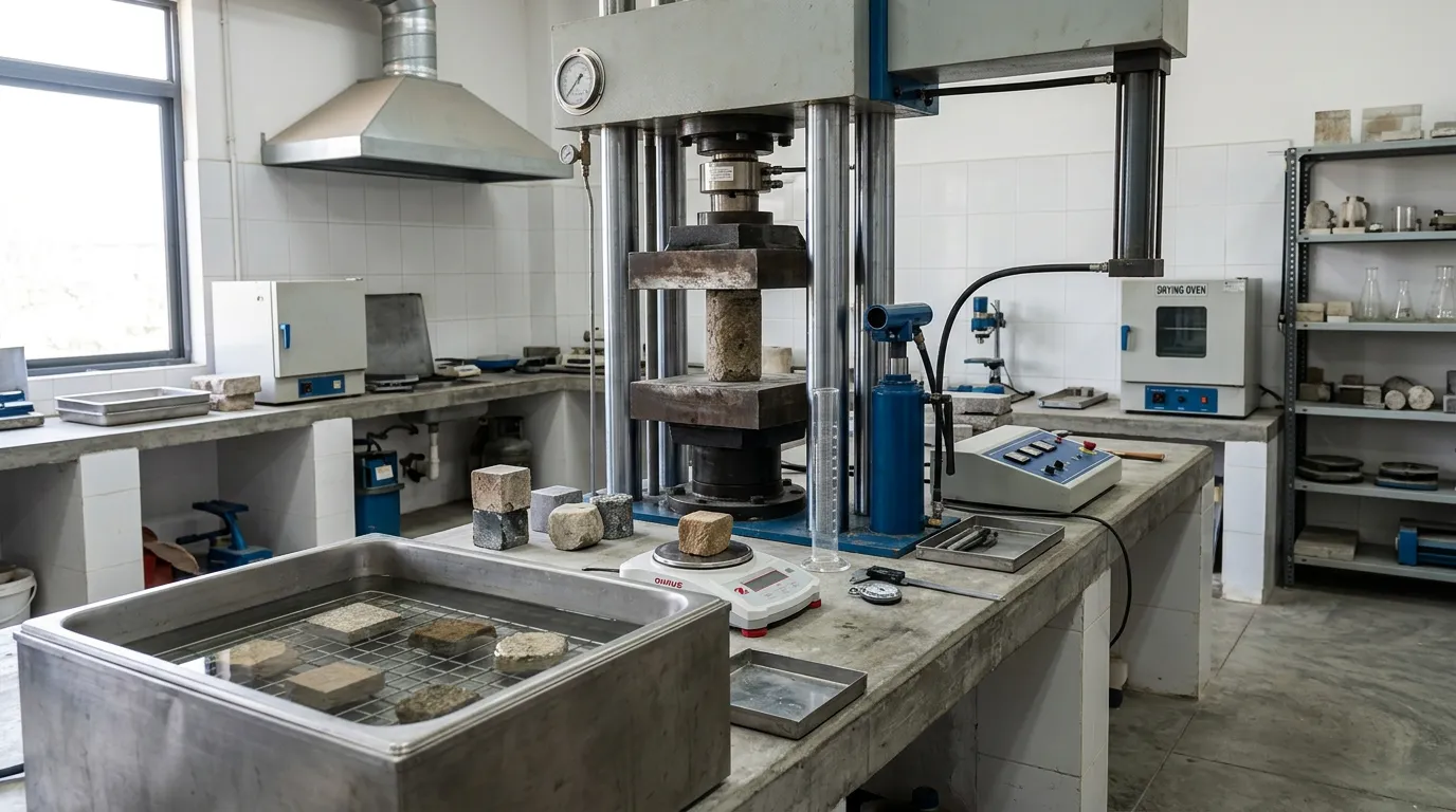 Laboratory equipment for testing stone materials including compressive strength tester and water absorption testing apparatus, professional testing environment