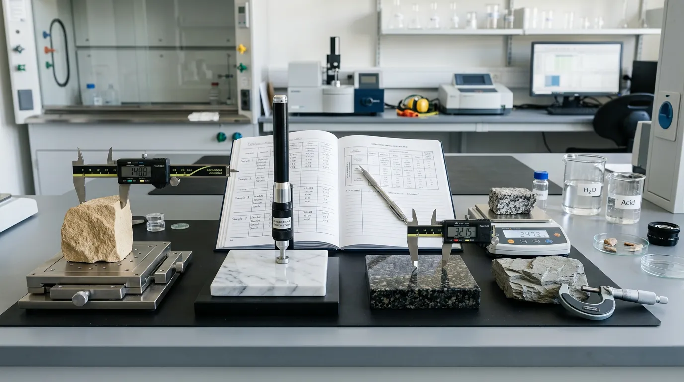 Stone samples being measured and tested in professional laboratory setting with precision tools and documentation, multiple varieties side by side